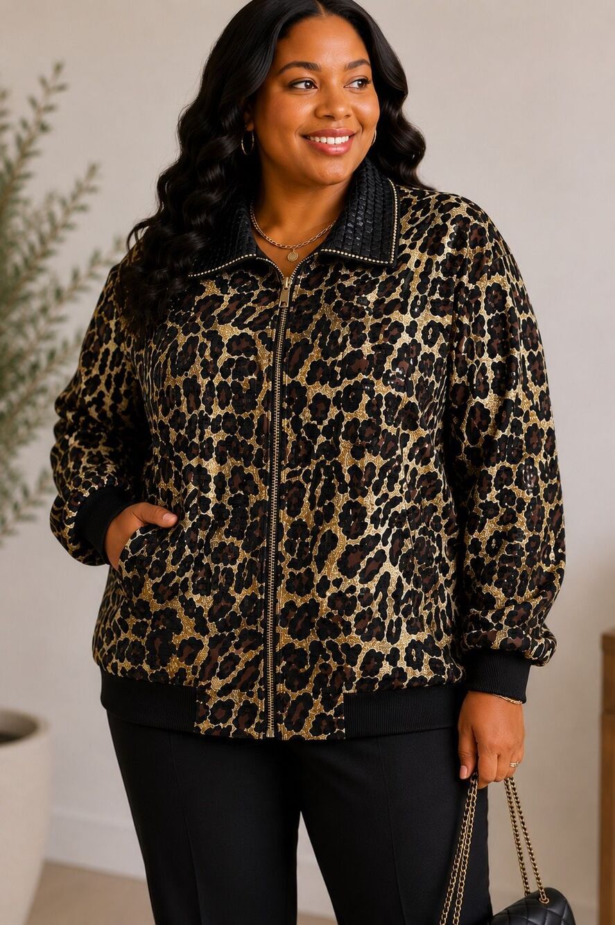 Vintage Marshall Rousso Leopard Sequin Zip Bomber Jacket Made USA Medium